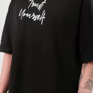Alternative view of Unisex Bisiklet Yaka Baskılı Oversize T-Shirt - Siyah