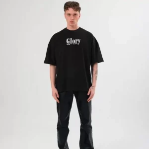 Unisex Bisiklet Yaka Baskılı Oversize T-Shirt - Siyah