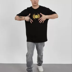 Alternative view of Unisex Bisiklet Yaka Baskılı Oversize T-Shirt - Siyah