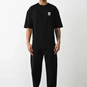 Alternative view of Unisex Bisiklet Yaka Baskılı Oversize T-Shirt - Siyah
