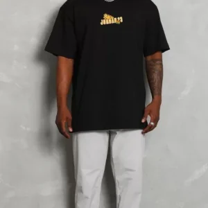 Alternative view of Unisex Bisiklet Yaka Baskılı Oversize T-Shirt - Siyah