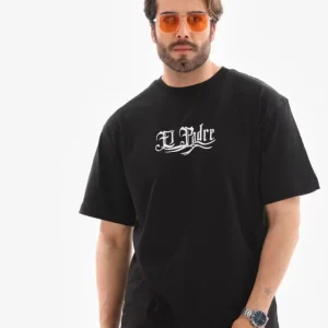 Unisex Bisiklet Yaka Baskılı Oversize T-Shirt - Siyah