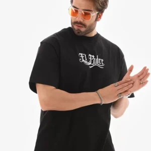 Alternative view of Unisex Bisiklet Yaka Baskılı Oversize T-Shirt - Siyah