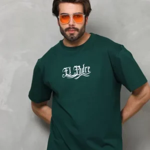 Alternative view of Unisex Bisiklet Yaka Baskılı Oversize T-Shirt - Yeşil
