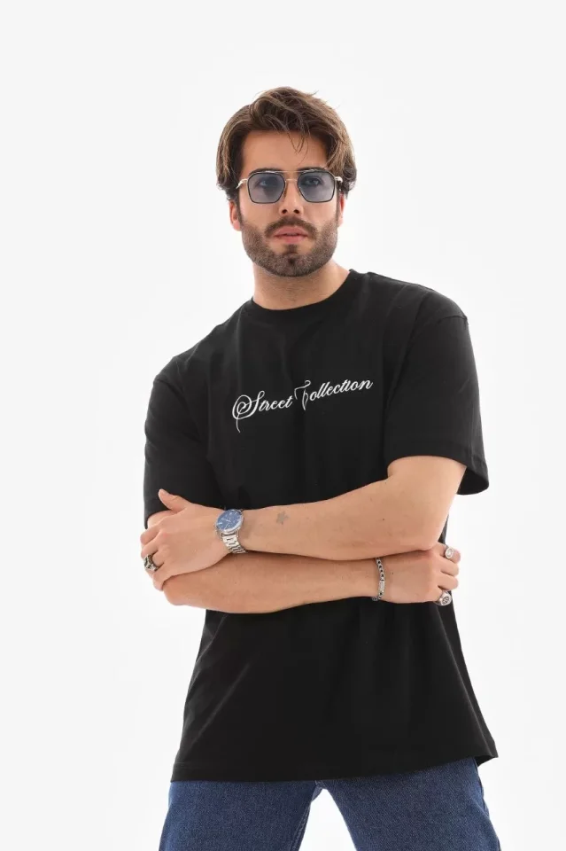 Unisex Bisiklet Yaka Baskılı Oversize T-Shirt - Siyah - Görsel 3