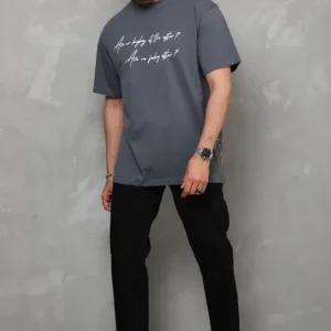 Unisex Bisiklet Yaka Baskılı Oversize T-Shirt - Füme