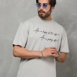 Alternative view of Unisex Bisiklet Yaka Baskılı Oversize T-Shirt - Gri