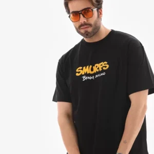 Unisex Bisiklet Yaka Baskılı Oversize T-Shirt - Siyah