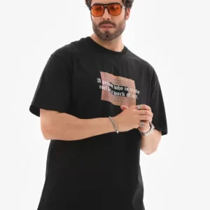Alternative view of Unisex Bisiklet Yaka Baskılı Oversize T-Shirt - Siyah