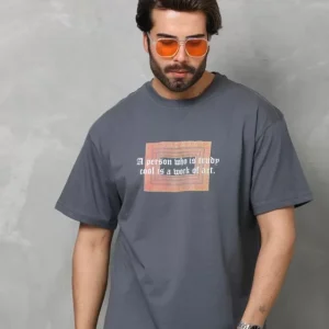 Unisex Bisiklet Yaka Baskılı Oversize T-Shirt - Füme