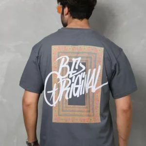 Alternative view of Unisex Bisiklet Yaka Baskılı Oversize T-Shirt - Füme