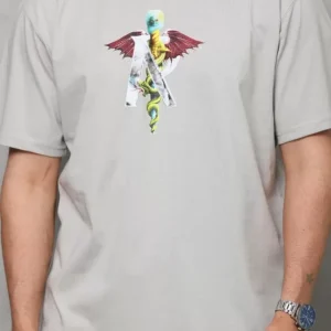 Alternative view of Unisex Bisiklet Yaka Baskılı Oversize T-Shirt - Gri