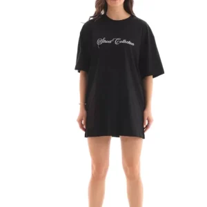 Alternative view of Unisex Bisiklet Yaka Baskılı Oversize T-Shirt - Siyah