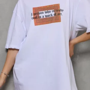 Alternative view of Unisex Bisiklet Yaka Baskılı Oversize T-Shirt - Beyaz