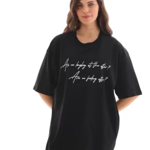 Alternative view of Unisex Bisiklet Yaka Baskılı Oversize T-Shirt - Siyah