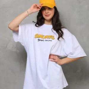 Alternative view of Unisex Bisiklet Yaka Baskılı Oversize T-Shirt - Beyaz