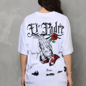 Alternative view of Unisex Bisiklet Yaka Baskılı Oversize T-Shirt - Beyaz