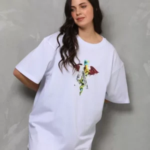 Alternative view of Unisex Bisiklet Yaka Baskılı Oversize T-Shirt - Beyaz