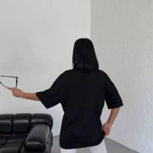 Alternative view of Unisex Bisiklet Yaka Baskılı Oversize T-Shirt - Siyah