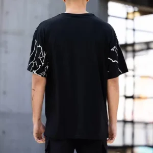 Alternative view of Unisex Bisiklet Yaka Baskılı Oversize T-Shirt - Siyah