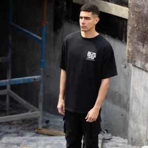 Alternative view of Unisex Bisiklet Yaka Baskılı Oversize T-Shirt - Siyah