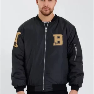 Unisex Uzun Kol Baskılı Bomber Ceket - Siyah