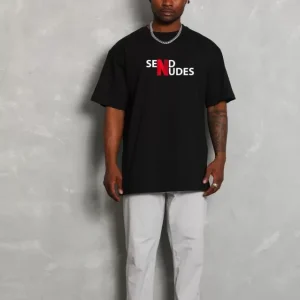 Alternative view of Unisex Bisiklet Yaka Double Oversize Baskılı T-Shirt - Siyah