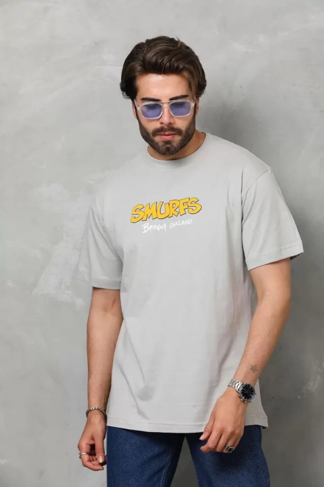 Unisex Basic Bisiklet Yaka Oversize T-Shirt - Gri - Görsel 5
