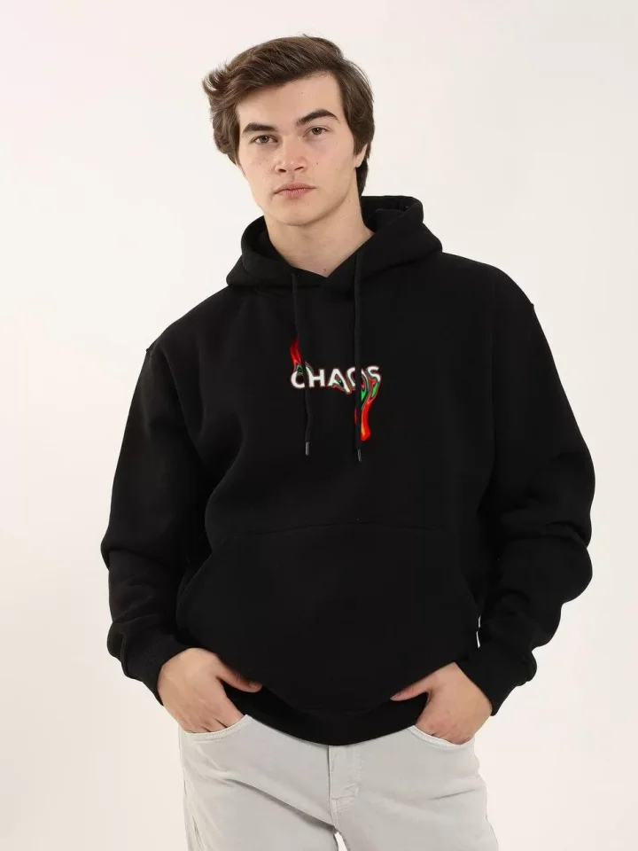 Unisex Baskılı Oversize Üç İplik Kapüşonlu Sweatshirt - Siyah - Görsel 3