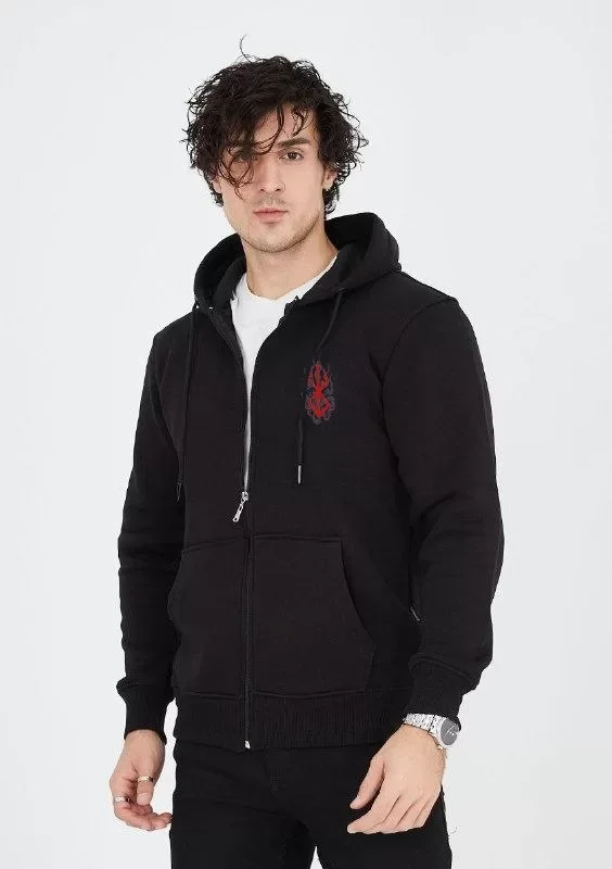 Unisex Baskılı Tam Fermuarlı Kapşonlu SweatShirt - Siyah - Görsel 3