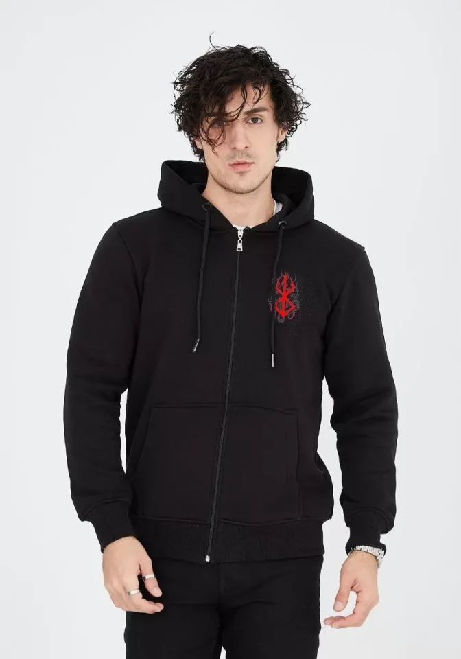 Unisex Baskılı Tam Fermuarlı Kapşonlu SweatShirt - Siyah - Görsel 2