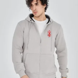 Alternative view of Unisex Baskılı Tam Fermuarlı Kapşonlu SweatShirt - Boyalı Gri