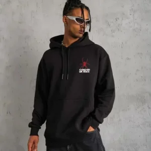 Alternative view of Unisex Kapşonlu Baskılı Sweetshirt - Siyah