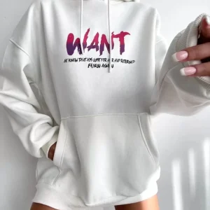 Alternative view of Baskılı Üç İplik Kapüşonlu Oversize Sweatshirt - Beyaz