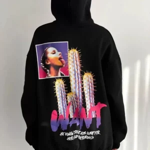 Alternative view of Baskılı Üç İplik Kapüşonlu Oversize Sweatshirt - Siyah