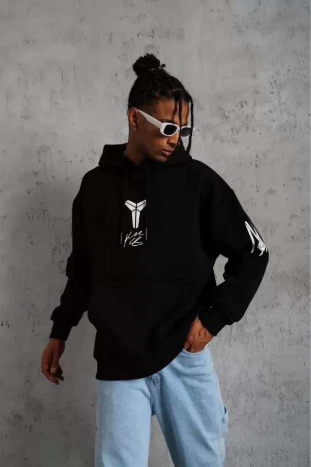 Unisex Sırt Baskılı Kapüşonlu Üç İplik Oversize Sweatshirt - Siyah - Görsel 5