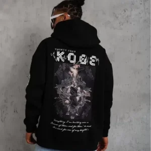 Alternative view of Unisex Sırt Baskılı Kapüşonlu Üç İplik Oversize Sweatshirt - Siyah