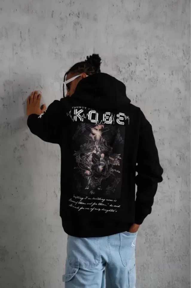 Unisex Sırt Baskılı Kapüşonlu Üç İplik Oversize Sweatshirt - Siyah - Görsel 4