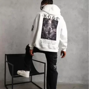 Alternative view of Unisex Sırt Baskılı Kapüşonlu Üç İplik Oversize Sweatshirt - Beyaz