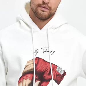 Alternative view of Unisex Kapüşonlu Üç İplik Oversize Baskılı Sweatshirt - Beyaz