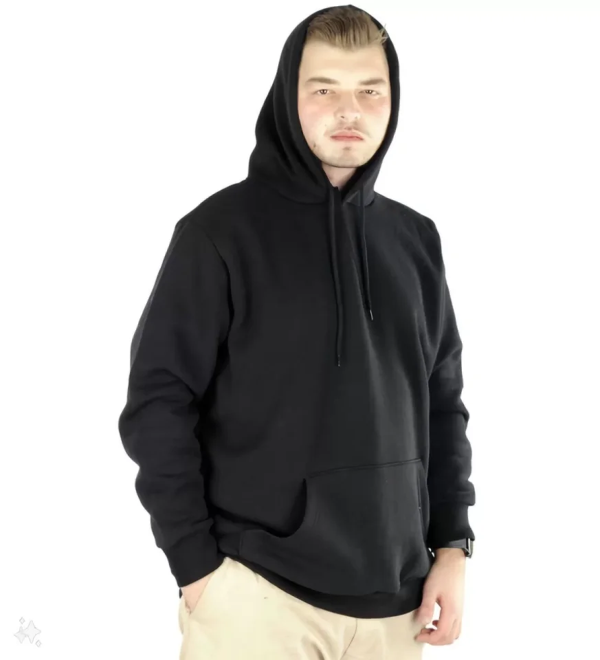 Erkek Uzun Kol Kapşonlu Basic Sweatshirt Hoodie - Siyah - Görsel 2