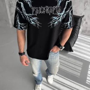 Alternative view of Unisex Bisiklet Yaka Baskılı Oversize T-Shirt - Siyah
