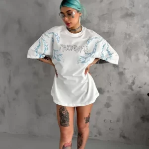 Alternative view of Unisex Bisiklet Yaka Baskılı Oversize T-Shirt - Beyaz