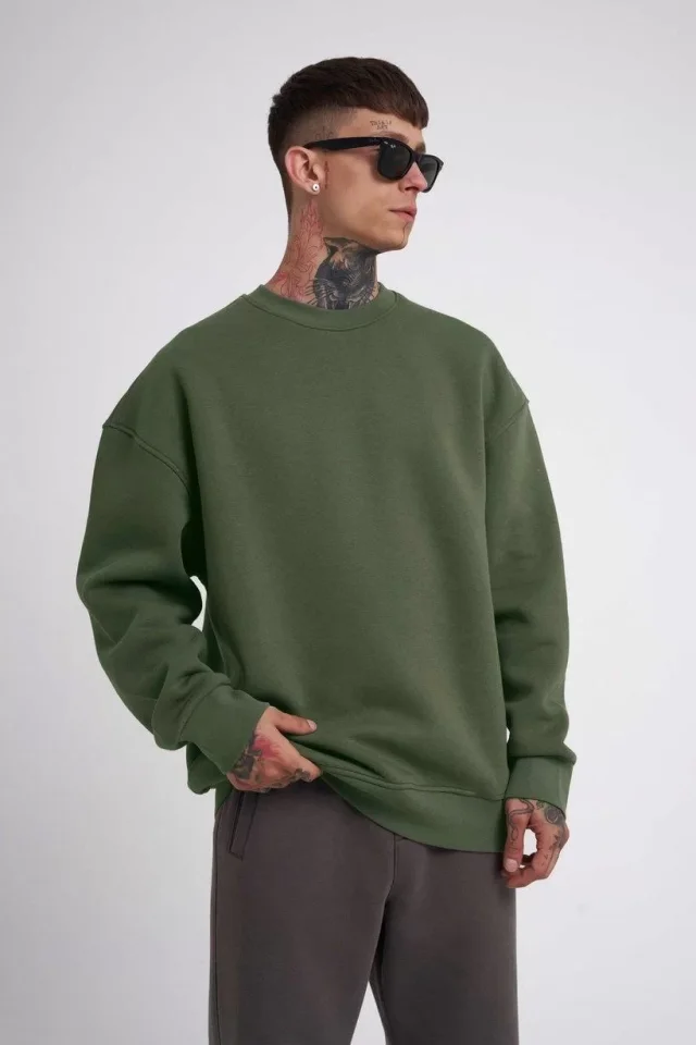 Unisex Biskilet Yaka Üç İplik SweatShirt - Haki - Görsel 4