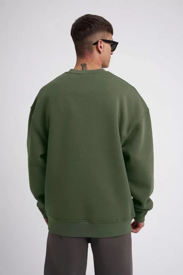 Unisex Biskilet Yaka Üç İplik SweatShirt - Haki - Görsel 2