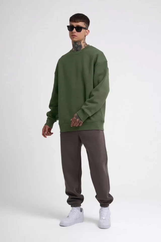 Unisex Biskilet Yaka Üç İplik SweatShirt - Haki - Görsel 3
