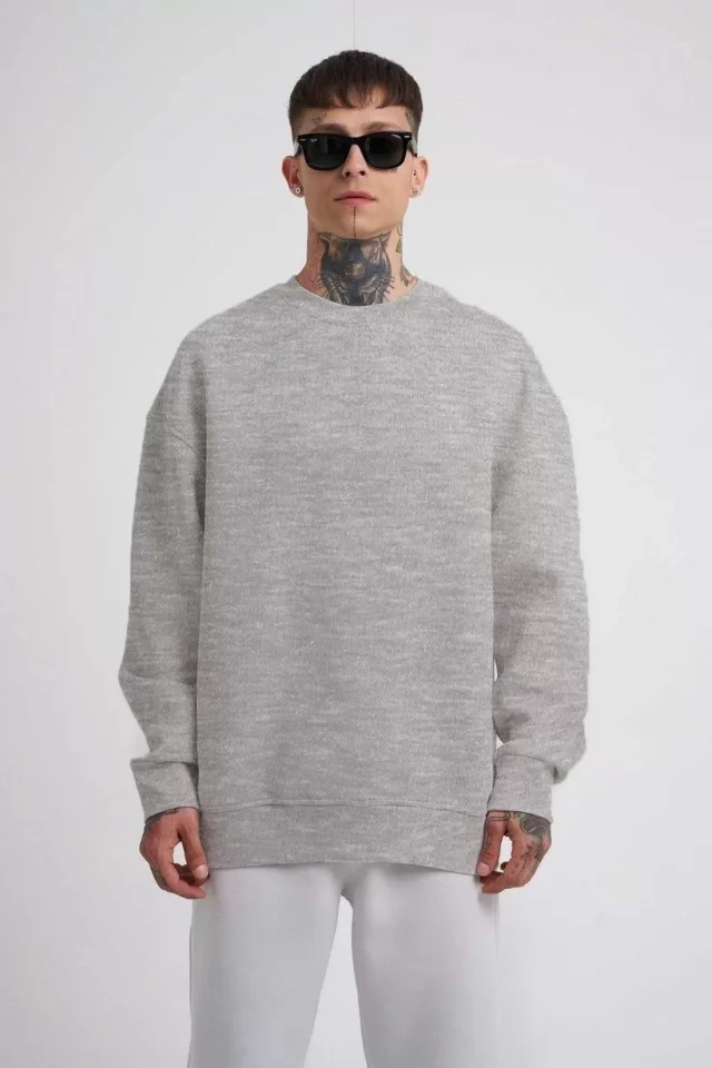 Unisex Biskilet Yaka Üç İplik SweatShirt - Gri - Görsel 4