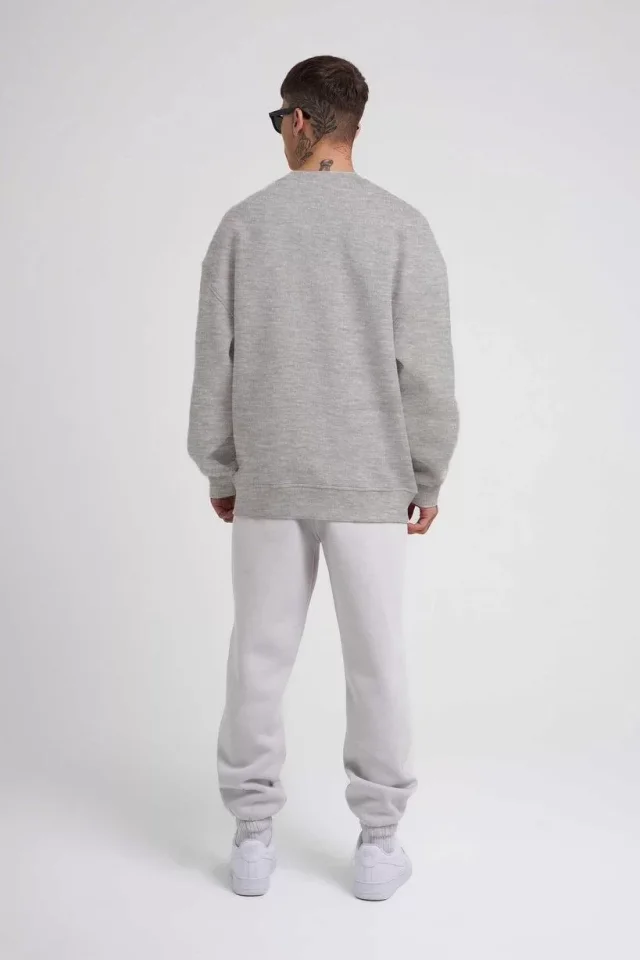 Unisex Biskilet Yaka Üç İplik SweatShirt - Gri - Görsel 3