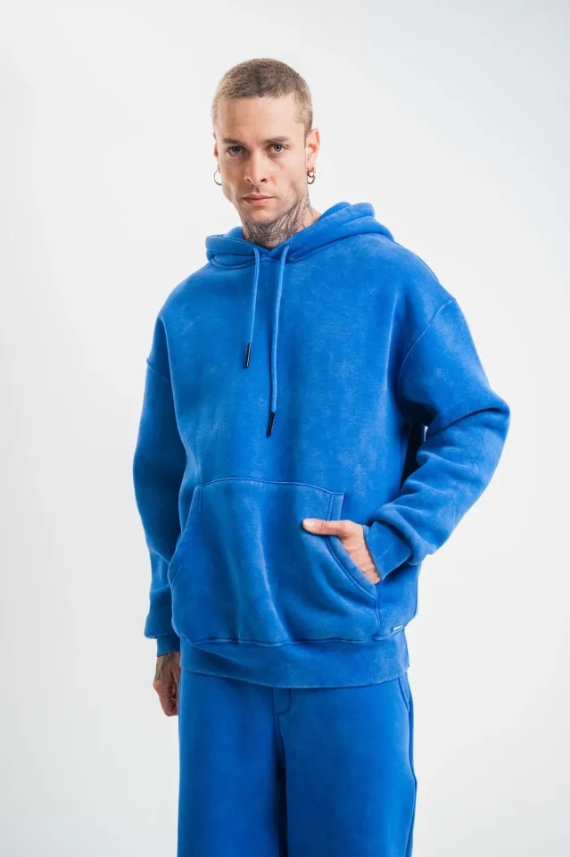 Unisex Double Oversize Kapşonlu Yıkamalı SweatShirt - Mavi - Görsel 5