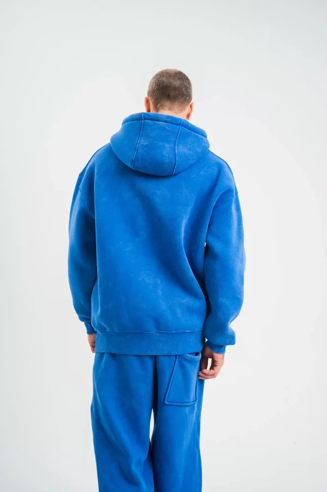 Unisex Double Oversize Kapşonlu Yıkamalı SweatShirt - Mavi - Görsel 2